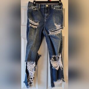 Blue Distressed Boyfriend Jeans with Raw Hem